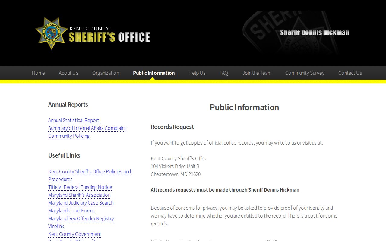 Kent County Sheriff's records request instructions covering Kent County warrant records