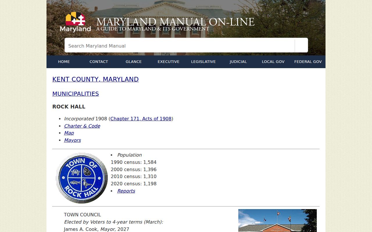Maryland Manual profile listing Rock Hall police contact and municipal building for warrant records