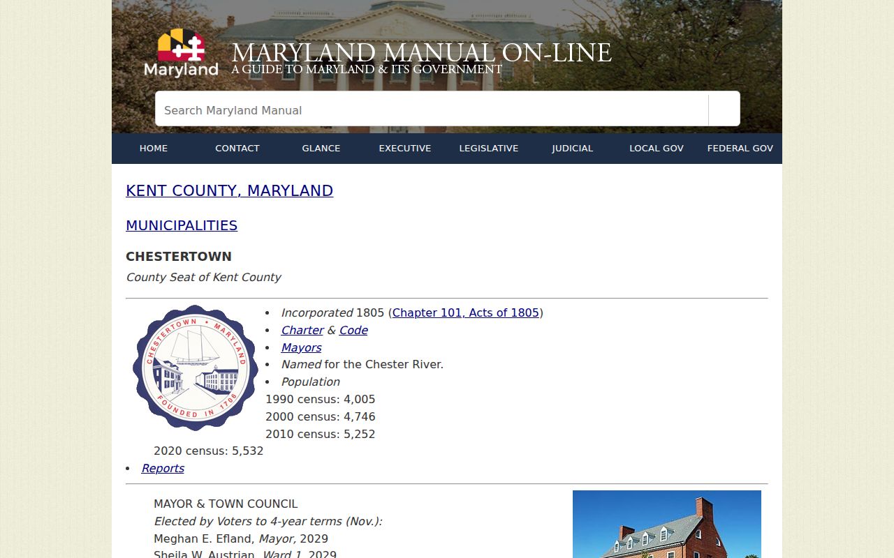 Maryland Manual profile listing Chestertown police contact and town buildings for warrant records questions