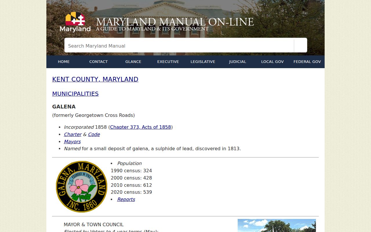 Maryland Manual profile of the Galena town office for Galena warrant records questions