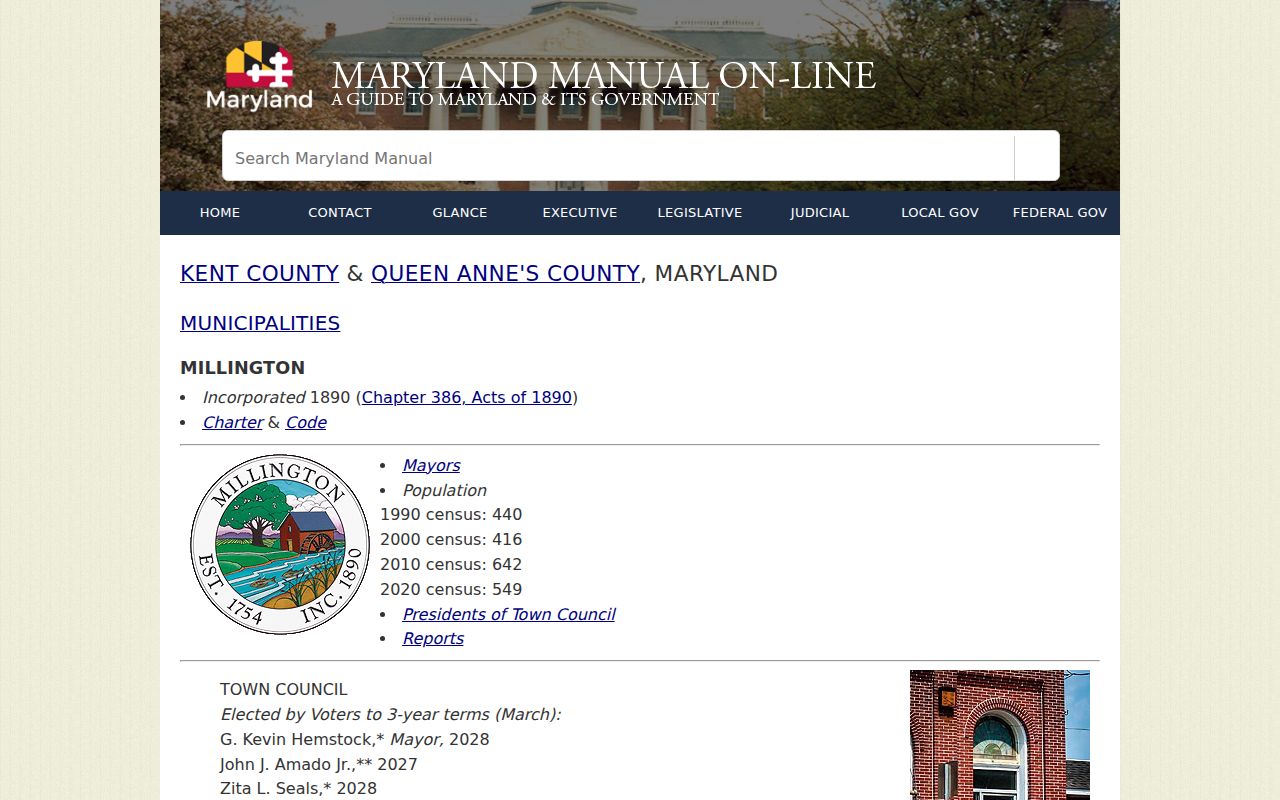 Maryland Manual profile of the Millington town office for Millington warrant records questions