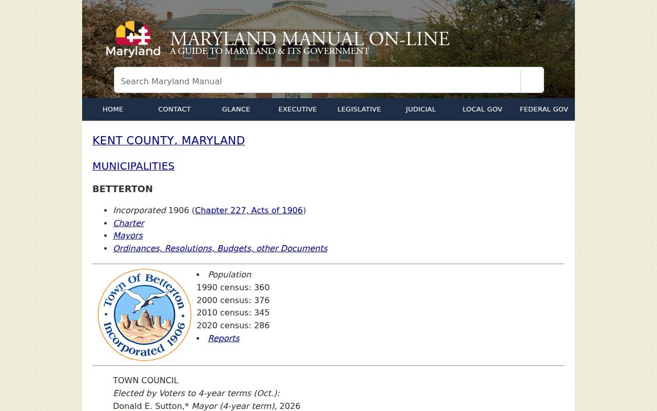 Maryland Manual profile of the Betterton town office for Betterton warrant records questions